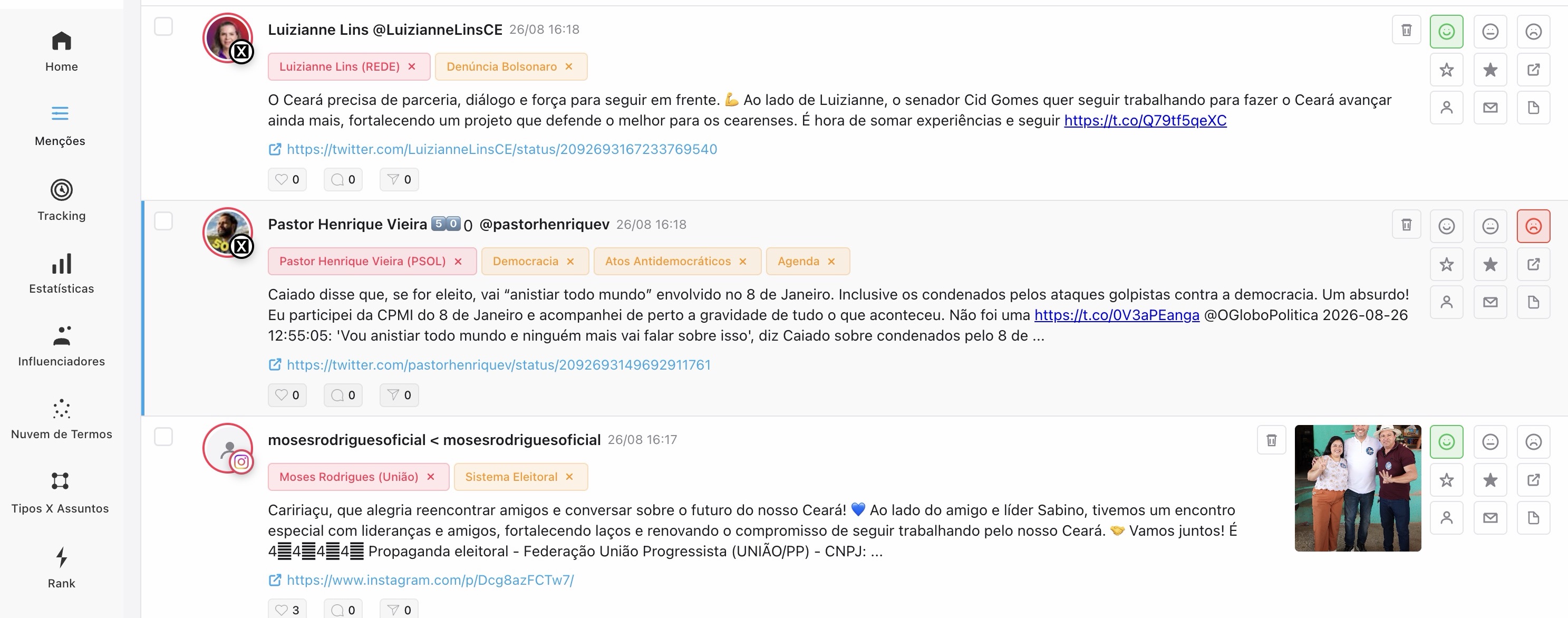 Feed de menções do Datatora com autor, partido, rede, texto da publicação e classificação de sentimento