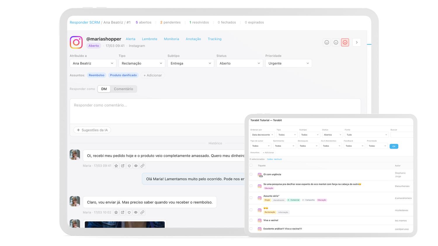 Tela do Social CRM do Torabit com um tíquete de atendimento aberto no Instagram