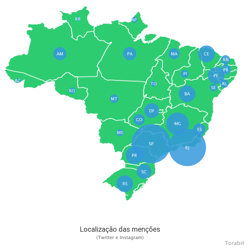 mapa com mais comentários sobre streaming nas redes